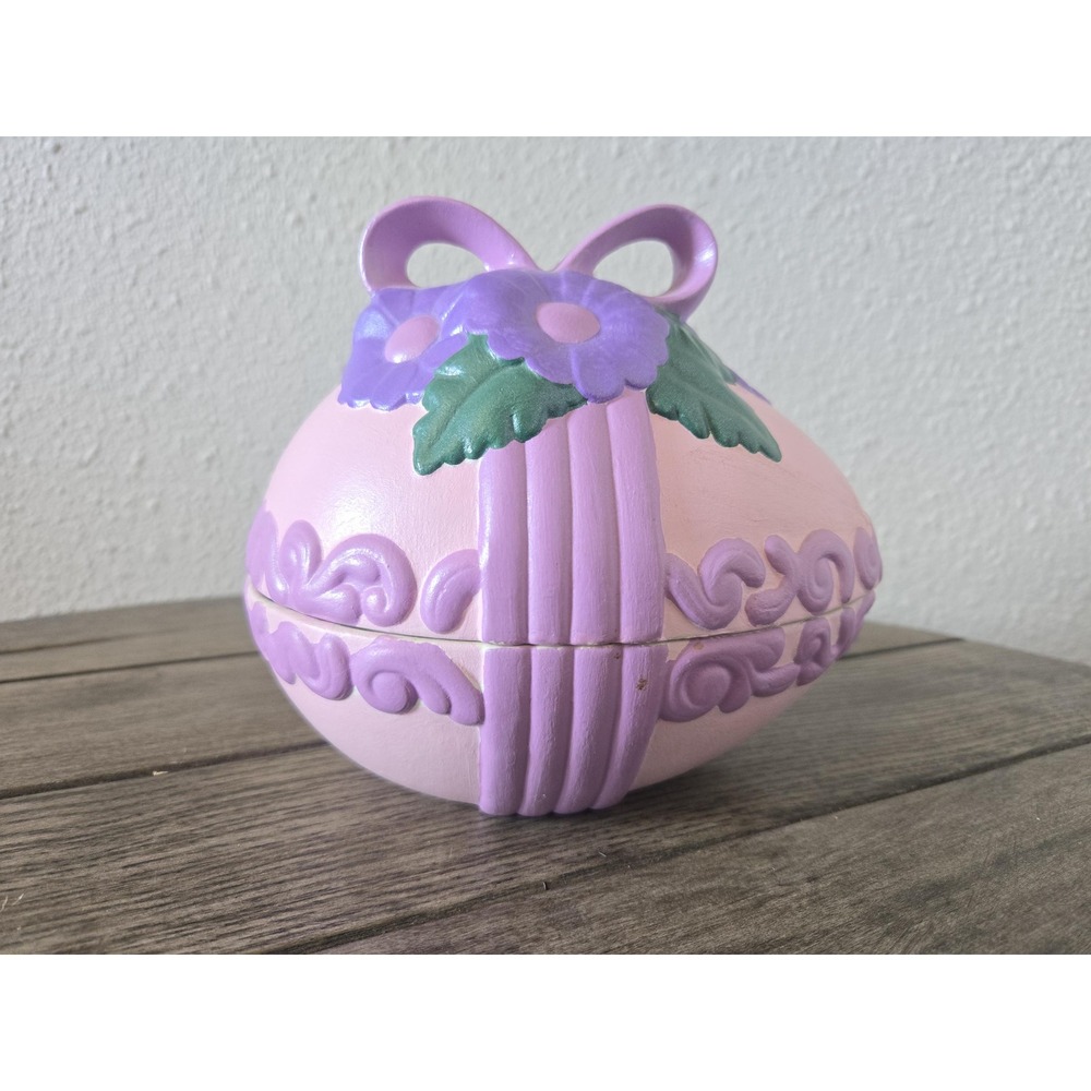 Vintage Ceramic Easter Egg Covered Candy Dish Flowers Purple Bow Scroll Ornate